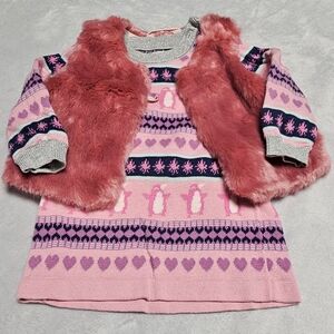 Hatley Baby - 9-12m - Pink Penguin Sweater Dress with Faux Fur Vest